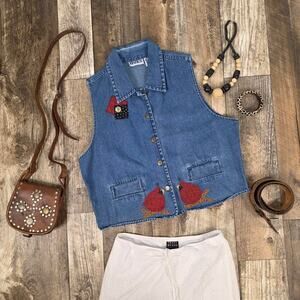 Vintage 90s Denim Vest Cardinal Size Large Cottagecore Folk Grandma Country Blue